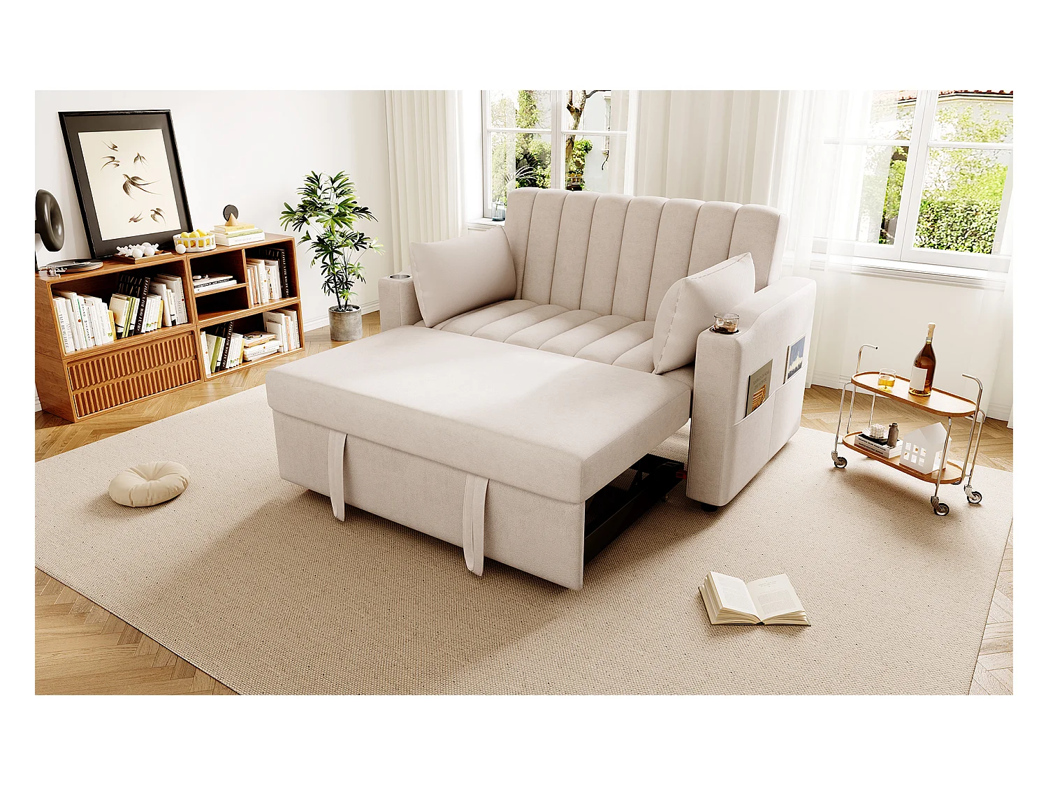 Canapé moderne 2 places - avec porte-gobelets et coussins - Beige