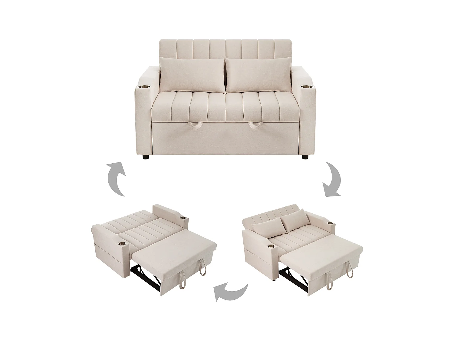 Canapé moderne 2 places - avec porte-gobelets et coussins - Beige