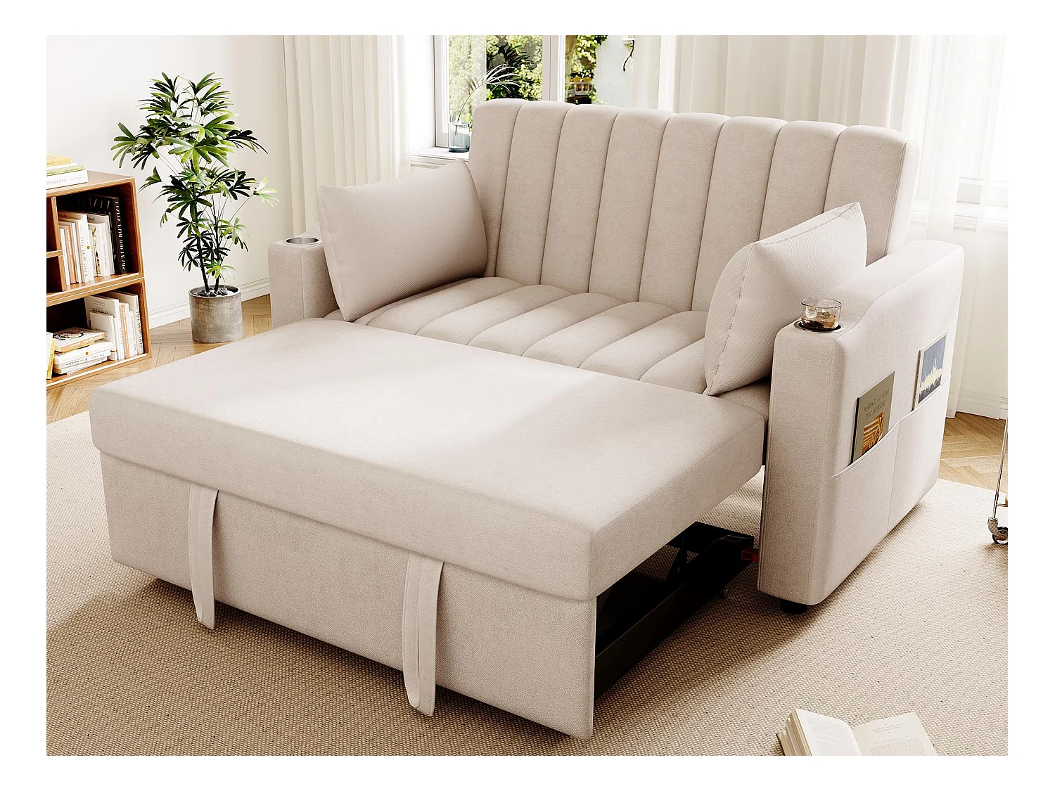 Modernes Sofa 2-Sitzer - mit Getränkehalter und Kissen - Beige