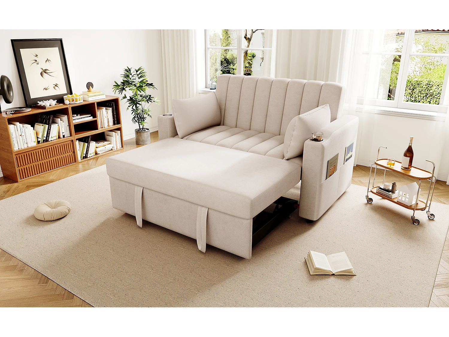 Canapé moderne 2 places - avec porte-gobelets et coussins - Beige