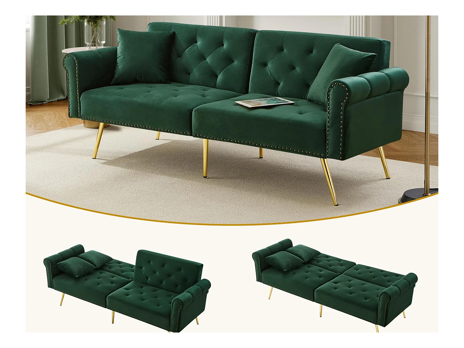 Divano contemporaneo 2 posti - Velluto - Schienale regolabile su 3 livelli - Verde