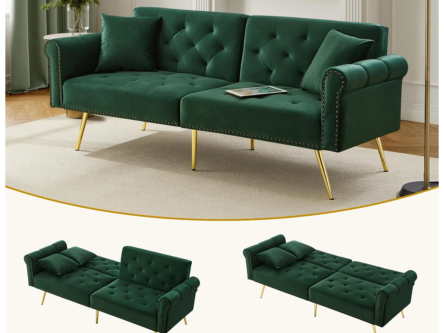 Divano contemporaneo 2 posti - Velluto - Schienale regolabile su 3 livelli - Verde