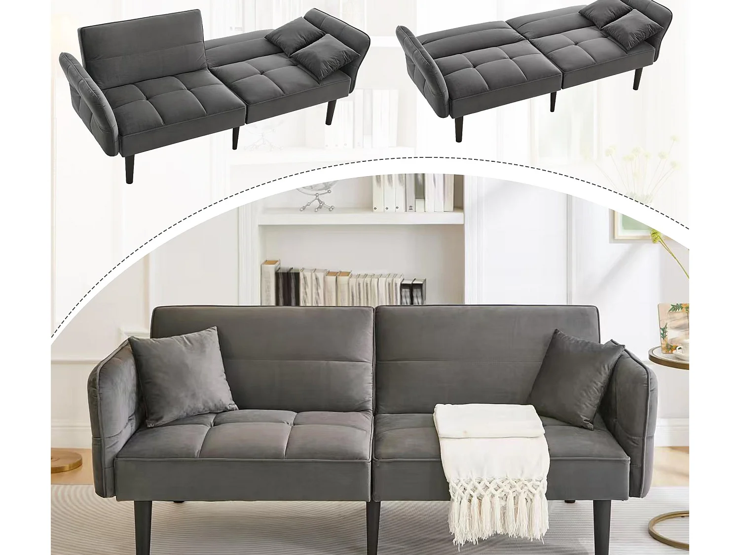 Canapé 2 en 1 réglable – 2 places – Velours – gris