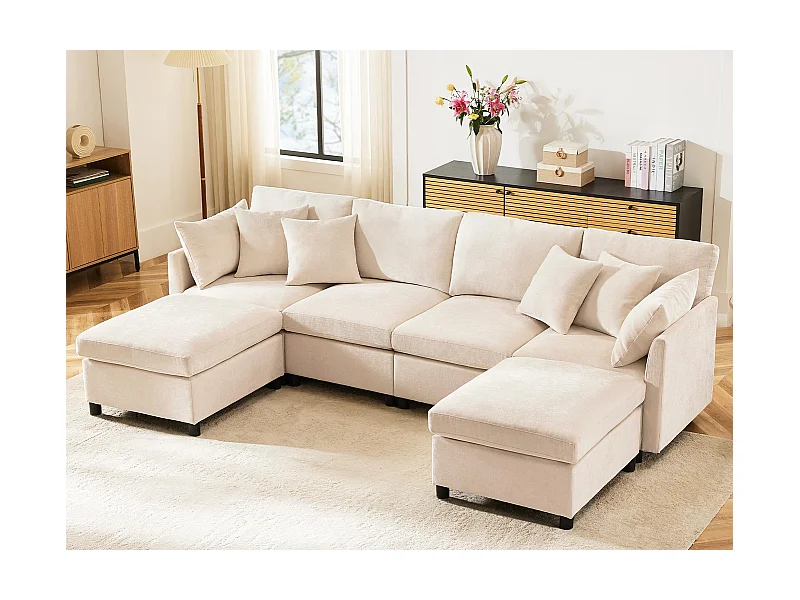 Moderne L-Form Eckcouch - mit abnehmbarer Fußstütze - 4-Sitzer - Beige