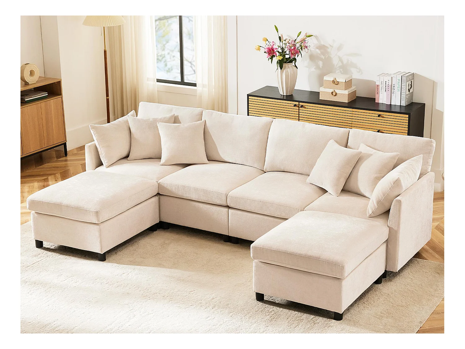 Canapé d'angle moderne en L - Avec repose-pieds amovible - 4 places - Beige