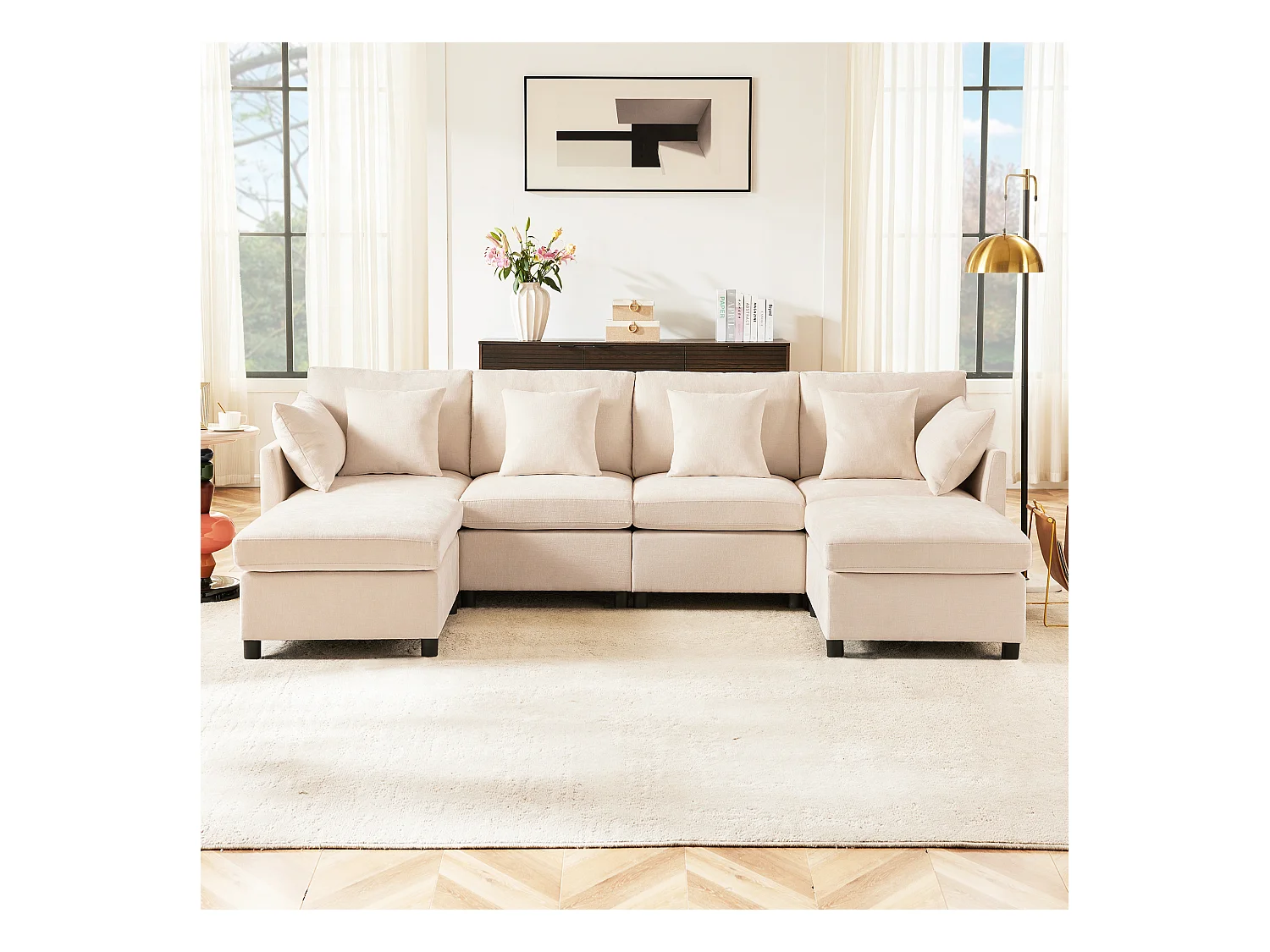 Canapé d'angle moderne en L - Avec repose-pieds amovible - 4 places - Beige
