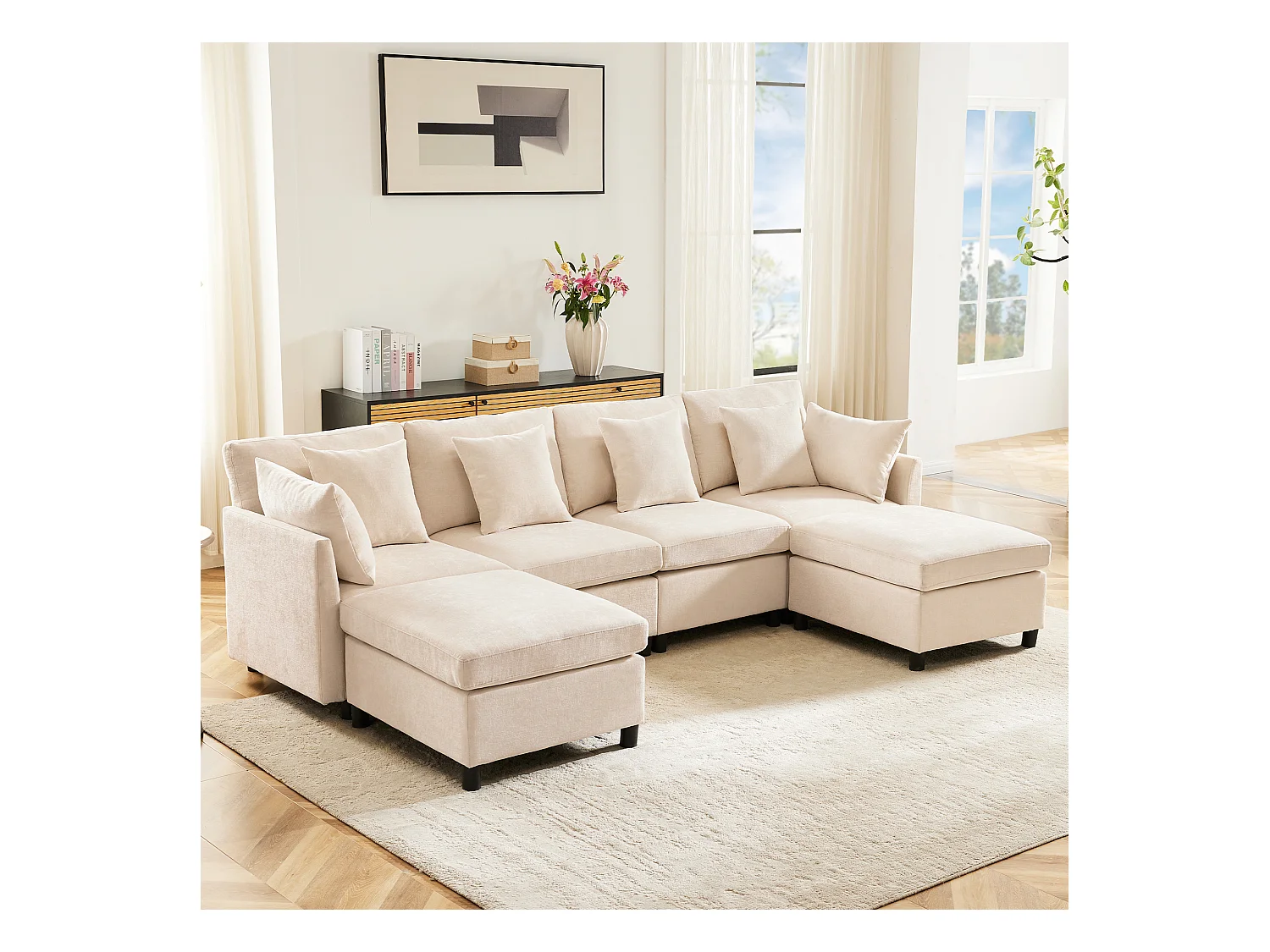 Canapé d'angle moderne en L - Avec repose-pieds amovible - 4 places - Beige
