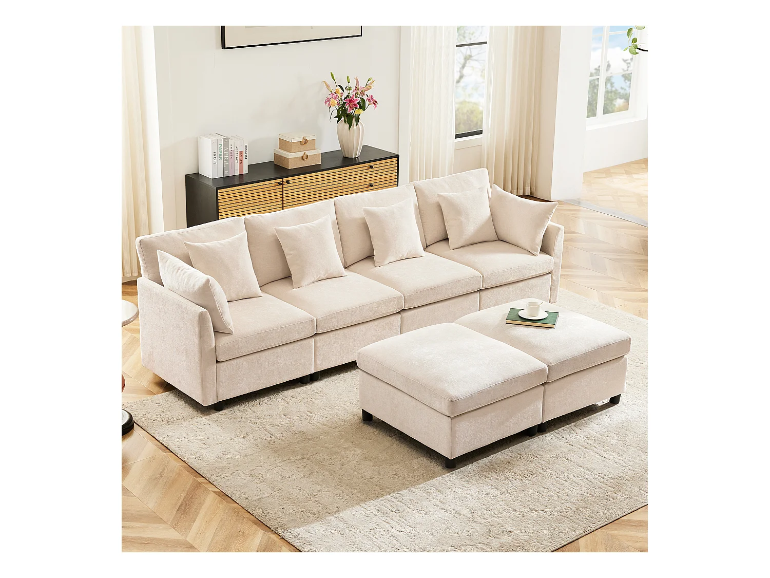 Canapé d'angle moderne en L - Avec repose-pieds amovible - 4 places - Beige