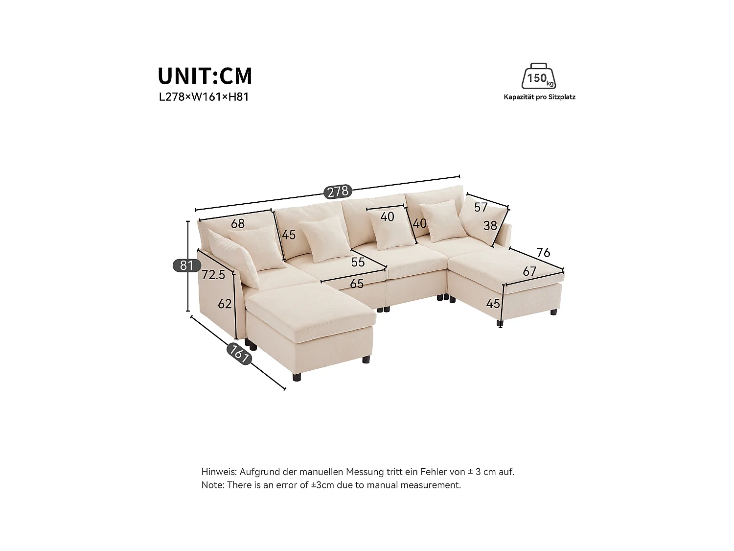 Canapé d'angle moderne en L - Avec repose-pieds amovible - 4 places - Beige