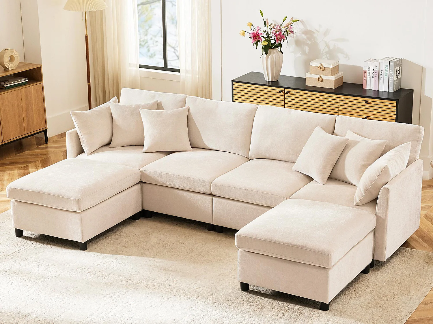 Canapé d'angle moderne en L - Avec repose-pieds amovible - 4 places - Beige