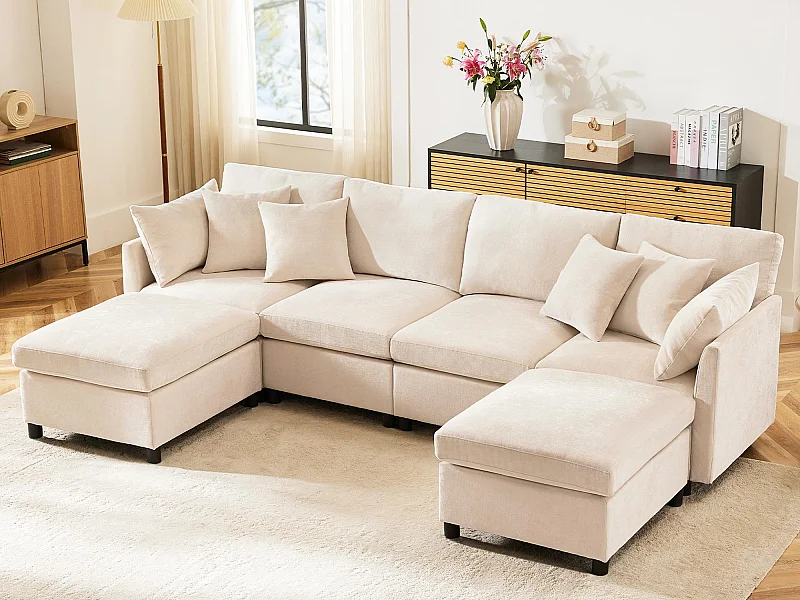 Canapé d'angle moderne en L - Avec repose-pieds amovible - 4 places - Beige