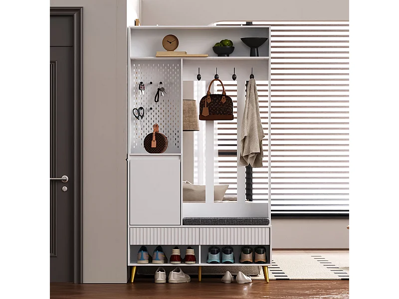 Moderne entreegarderobe - met 4 haakjes, 1 deur en 2 laden - met bankje en open planken - Wit