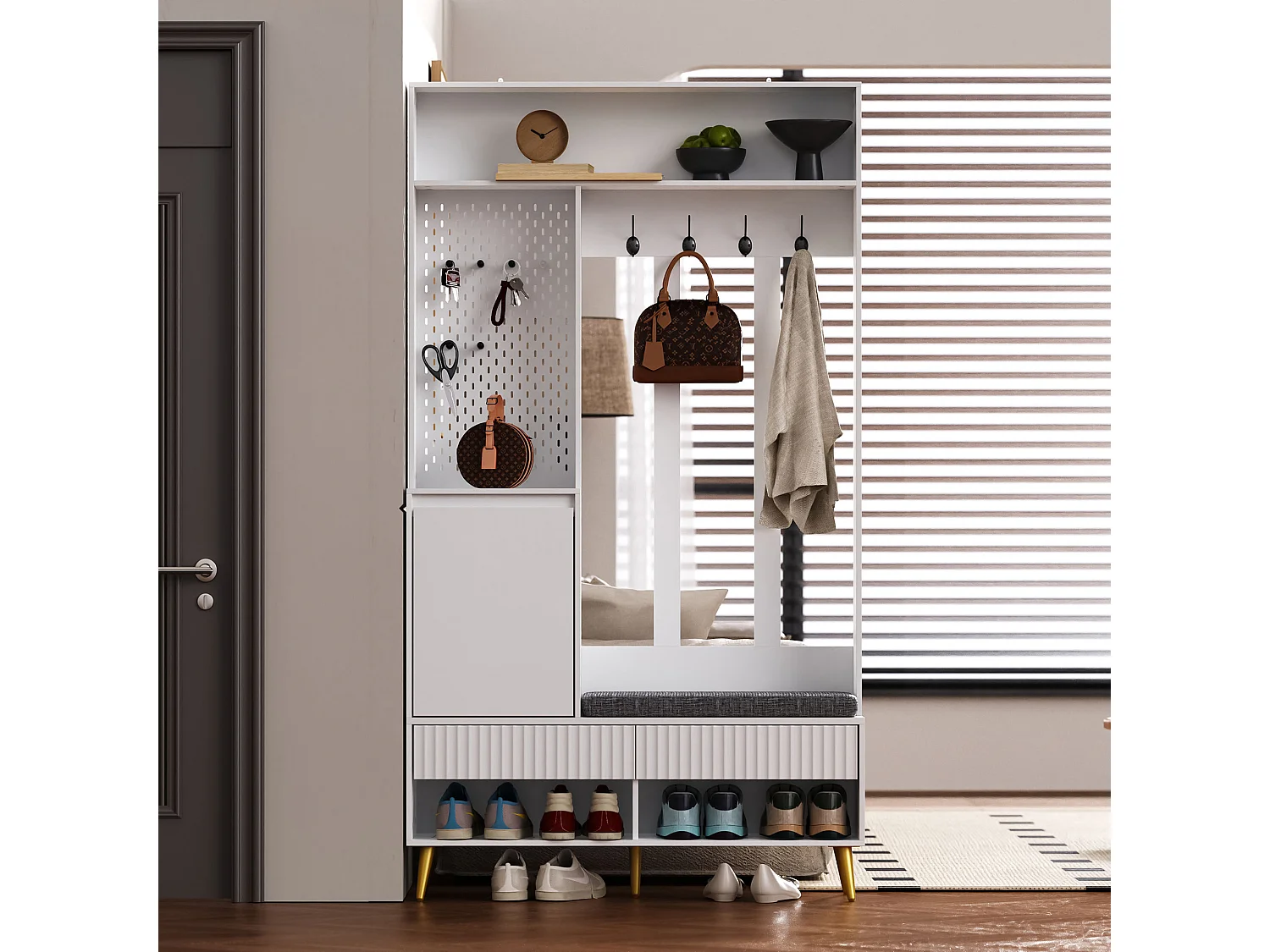 Moderne entreegarderobe - met 4 haakjes, 1 deur en 2 laden - met bankje en open planken - Wit