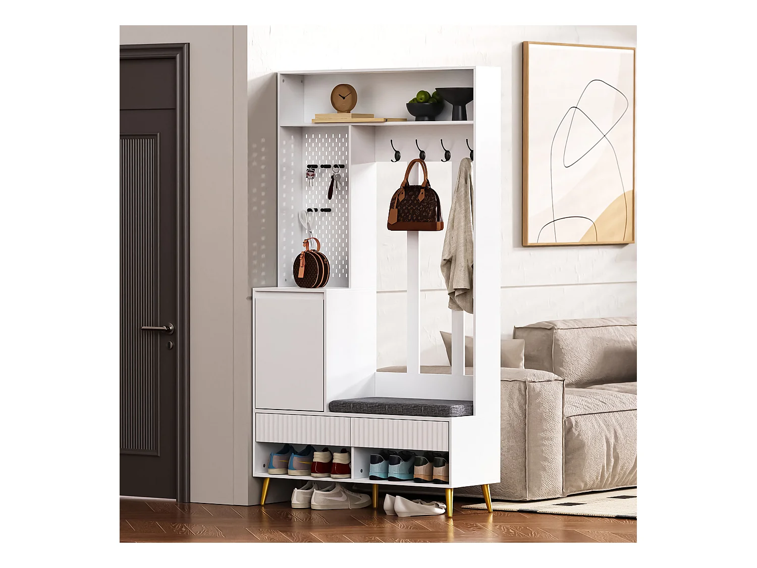 Moderne entreegarderobe - met 4 haakjes, 1 deur en 2 laden - met bankje en open planken - Wit