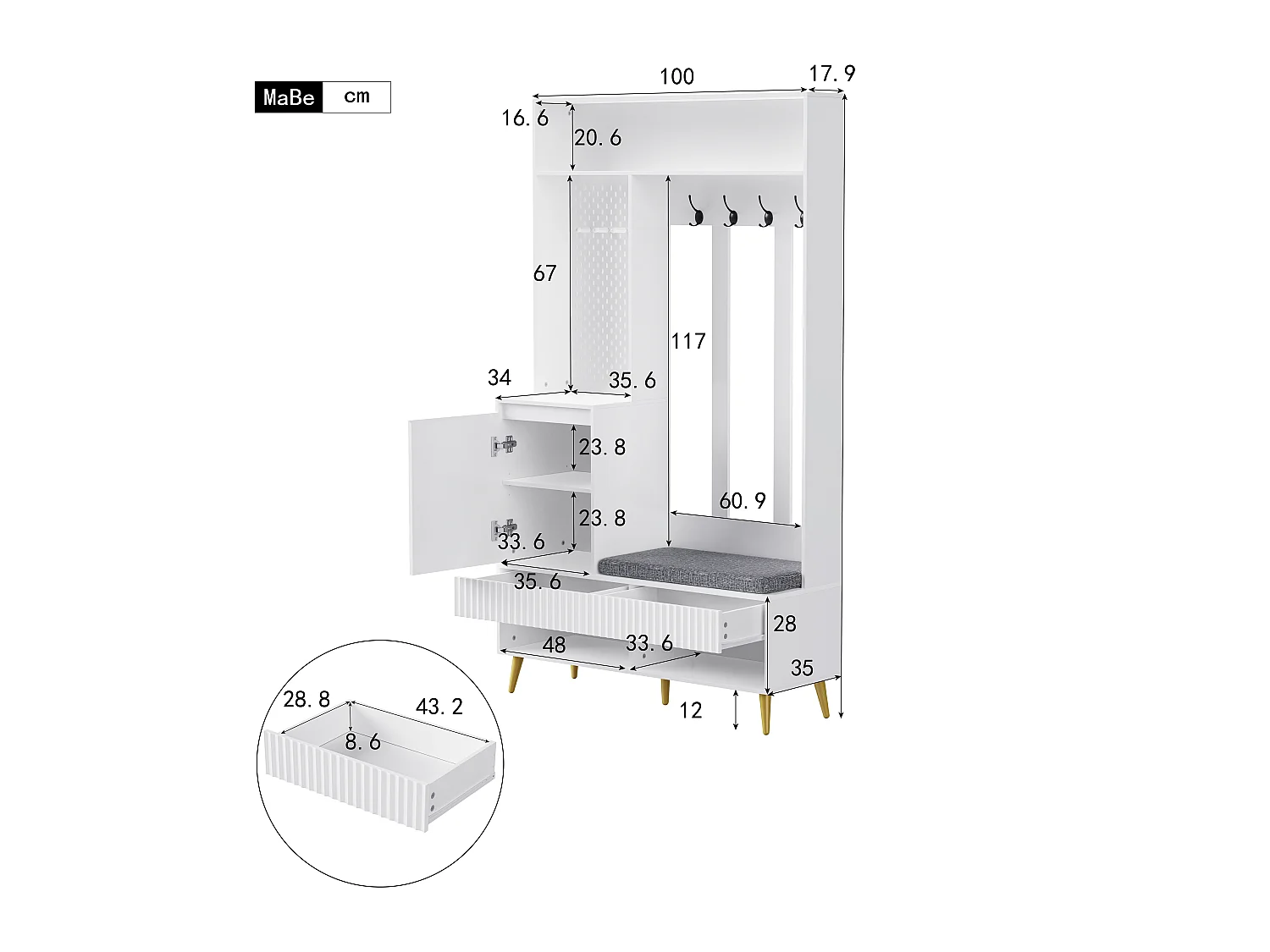 Moderne entreegarderobe - met 4 haakjes, 1 deur en 2 laden - met bankje en open planken - Wit