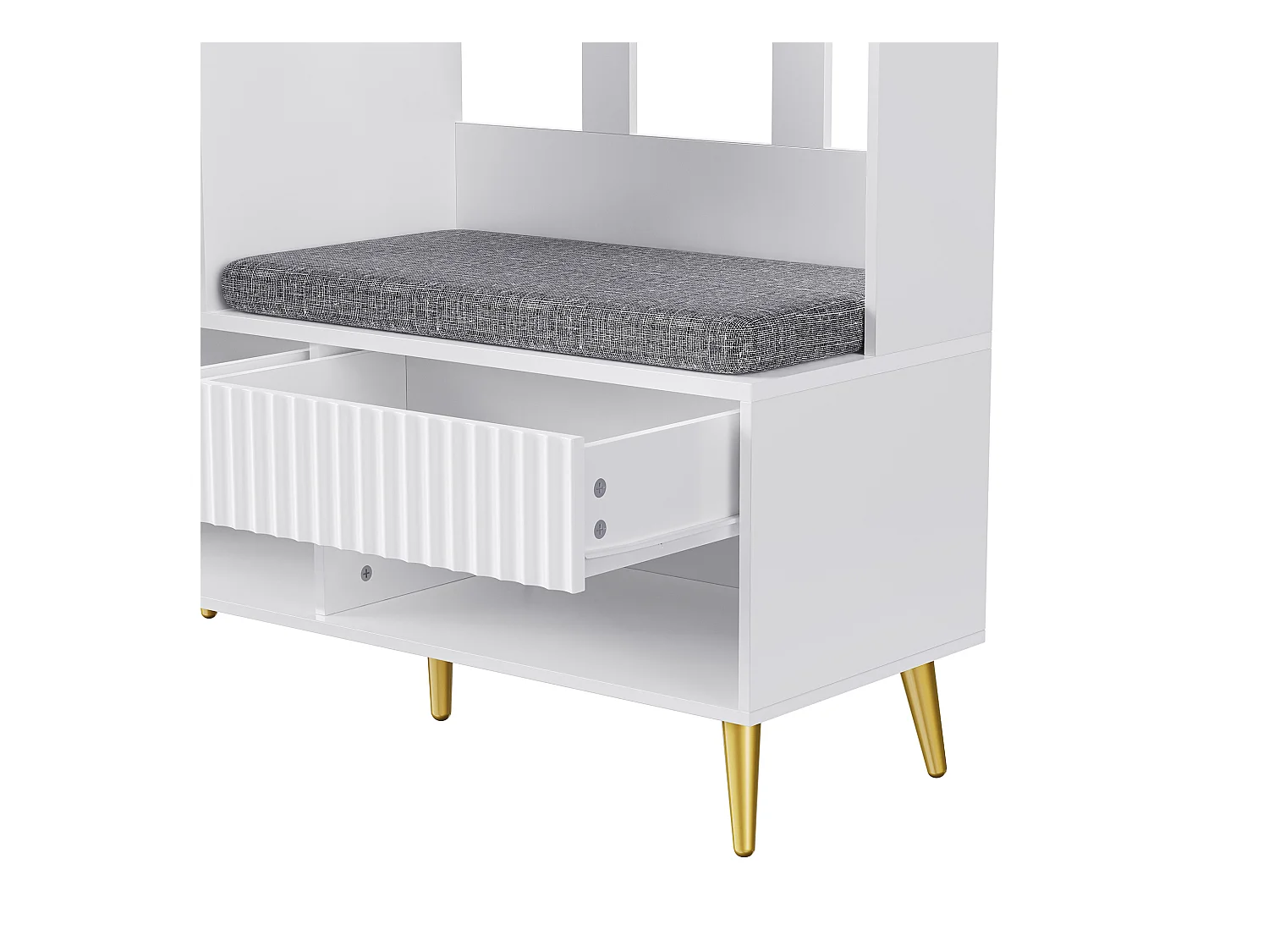 Moderne entreegarderobe - met 4 haakjes, 1 deur en 2 laden - met bankje en open planken - Wit