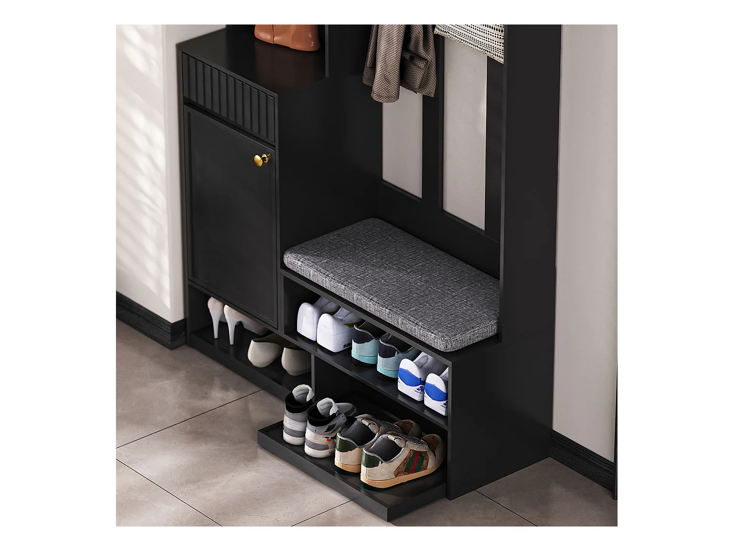 Vestiaire d'entrée moderne - avec 4 crochets, 2 portes et 1 tiroir - avec banc et étagères ouvertes - Noir