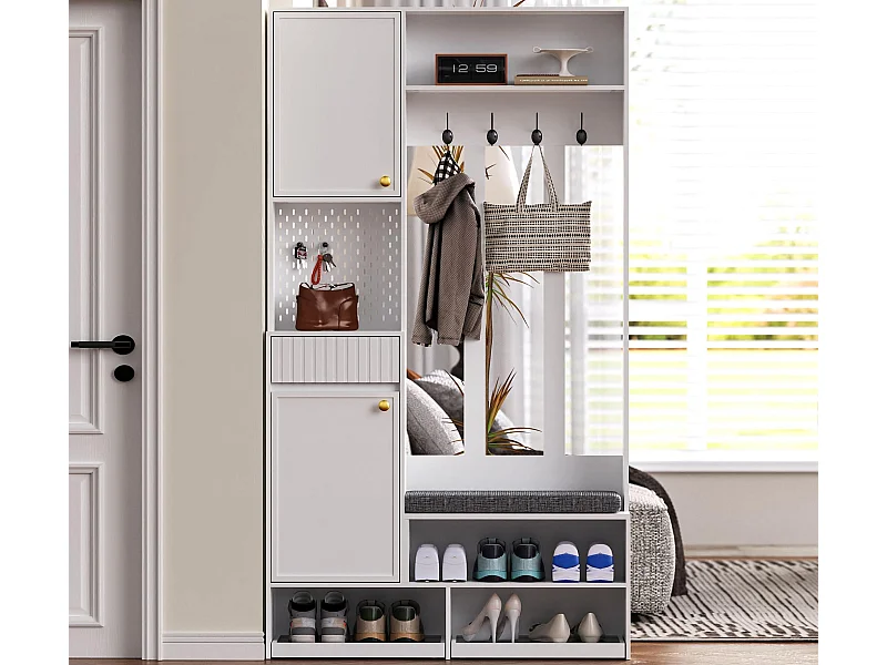 Vestiaire d'entrée moderne - avec 4 crochets, 2 portes et 1 tiroir - avec banc et étagères ouvertes - Blanc