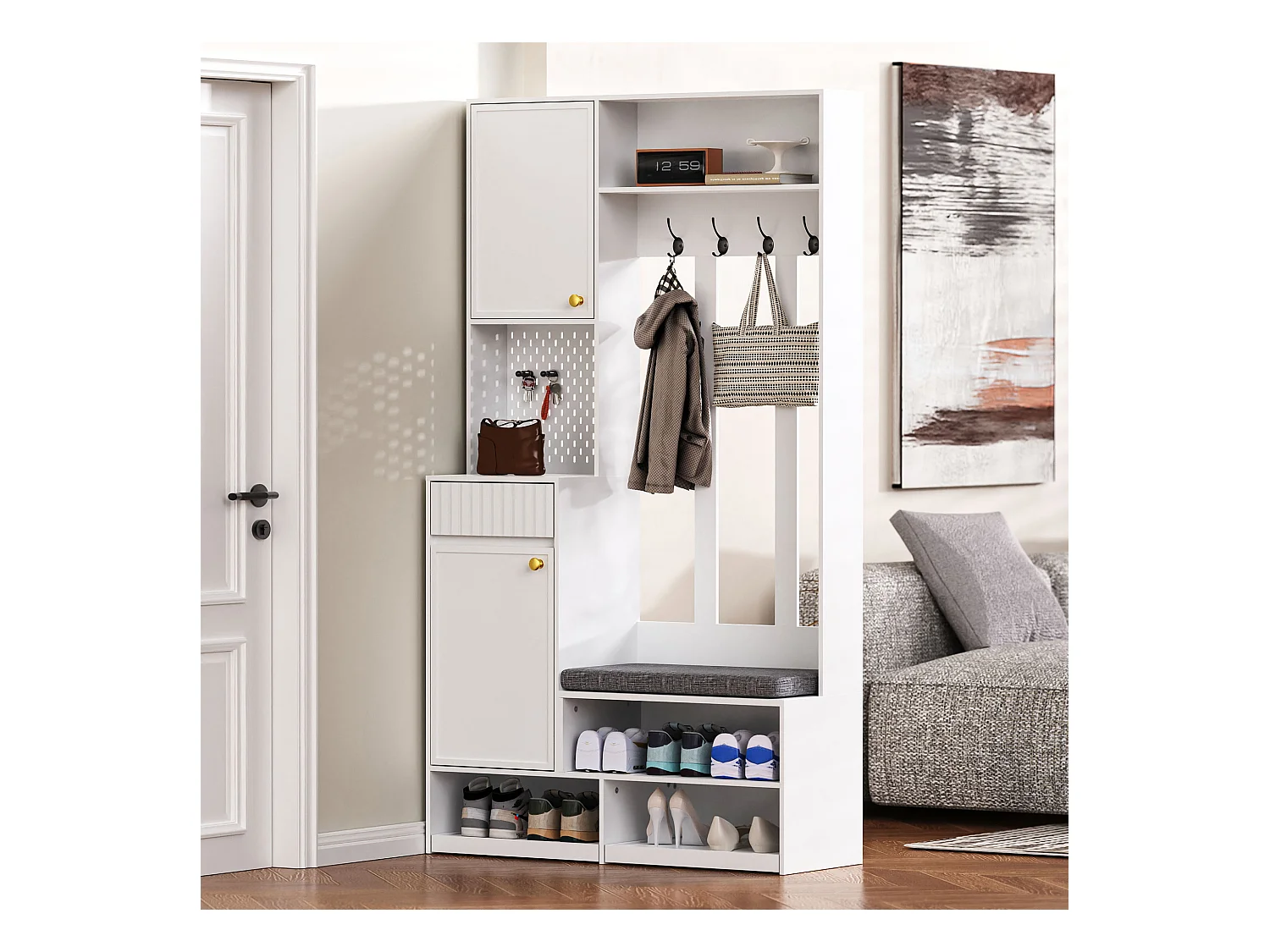 Moderne entreegarderobe - met 4 haakjes, 2 deuren en 1 lade - met bankje en open planken - Wit