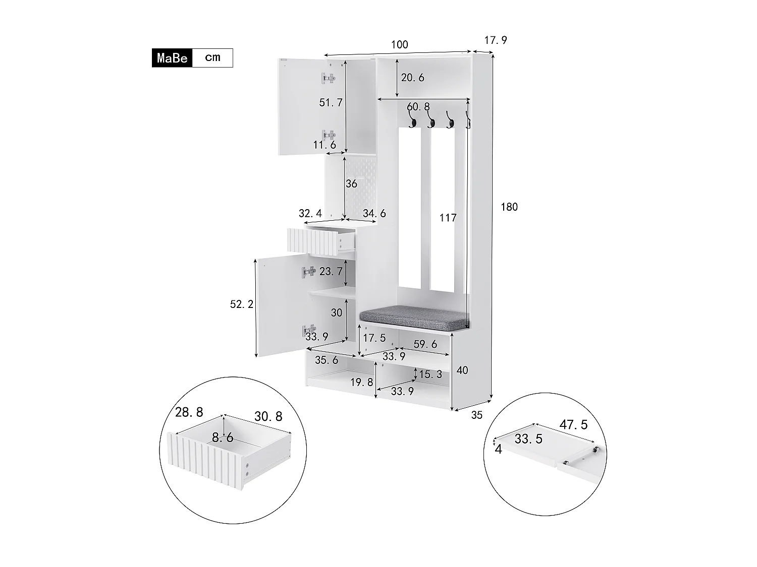 Moderne entreegarderobe - met 4 haakjes, 2 deuren en 1 lade - met bankje en open planken - Wit