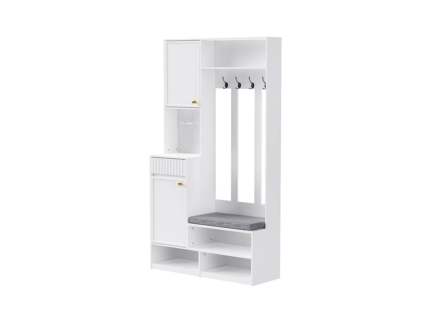 Moderne entreegarderobe - met 4 haakjes, 2 deuren en 1 lade - met bankje en open planken - Wit