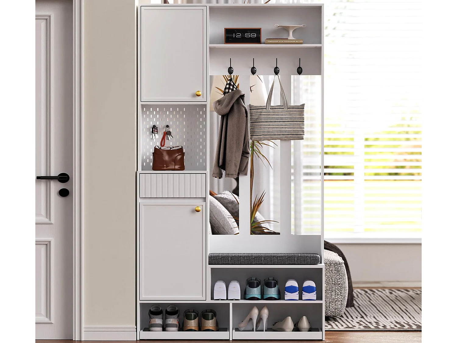 Moderne Garderobe - mit 4 Haken, 2 Türen und 1 Schublade - mit Bank und offenen Regalen - Weiß