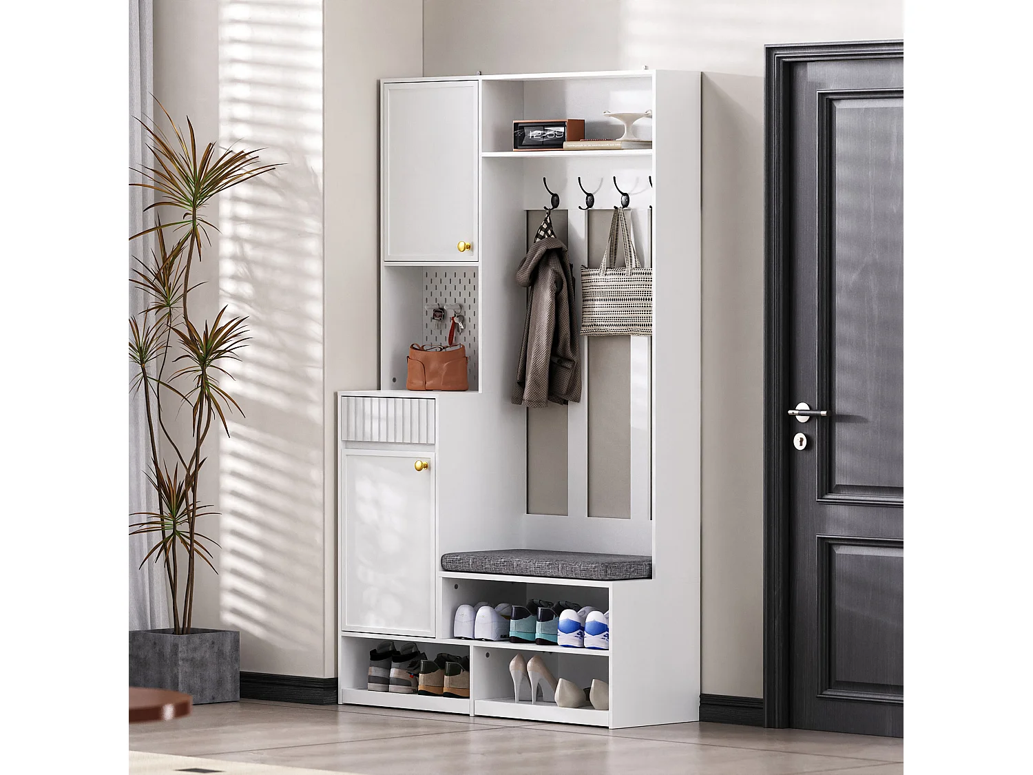 Moderne Garderobe - mit 4 Haken, 2 Türen und 1 Schublade - mit Bank und offenen Regalen - Weiß