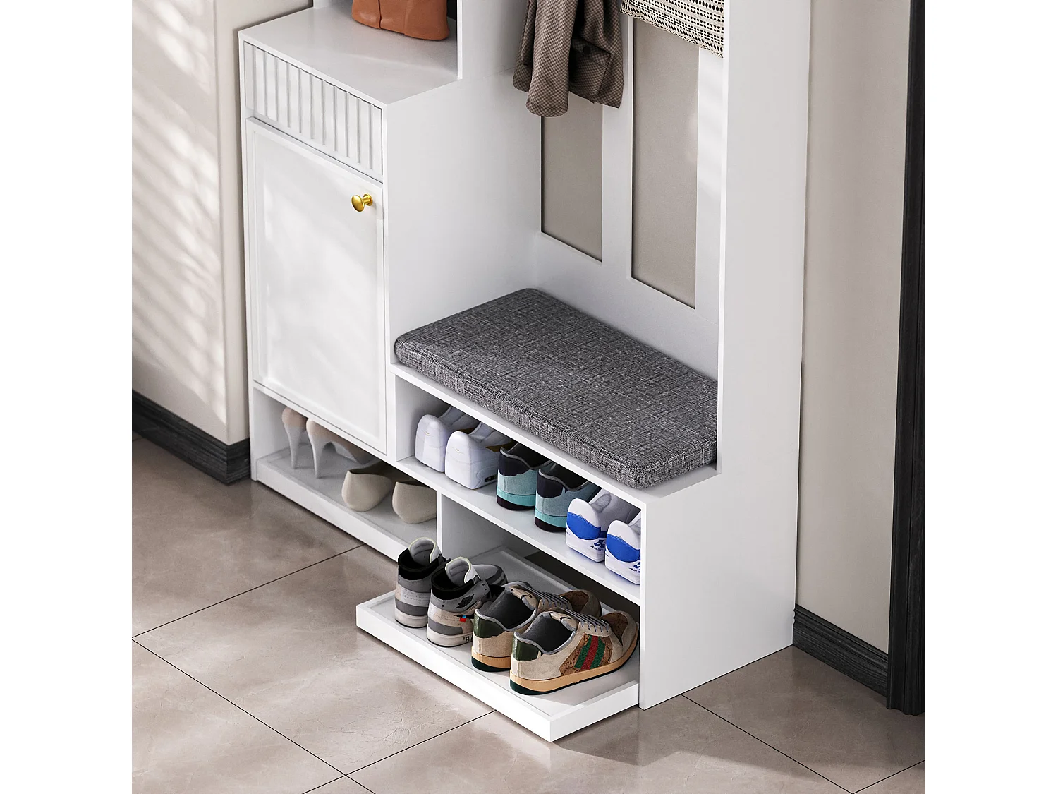 Moderne Garderobe - mit 4 Haken, 2 Türen und 1 Schublade - mit Bank und offenen Regalen - Weiß