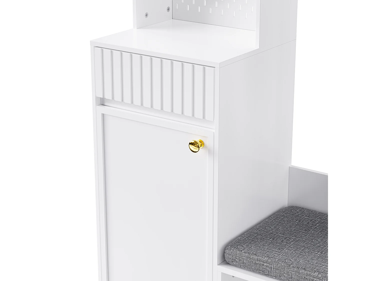 Moderne Garderobe - mit 4 Haken, 2 Türen und 1 Schublade - mit Bank und offenen Regalen - Weiß