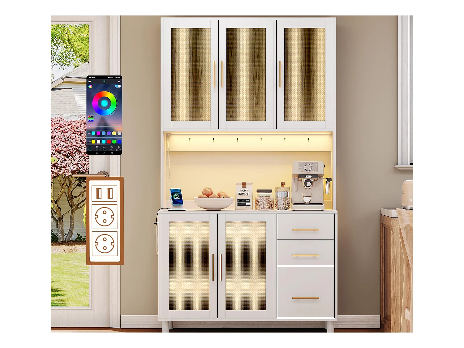 Buffet de cuisine 100x40x183cm - avec USB et prise - avec LED - 5 portes et 3 tiroirs - Blanc+Naturel