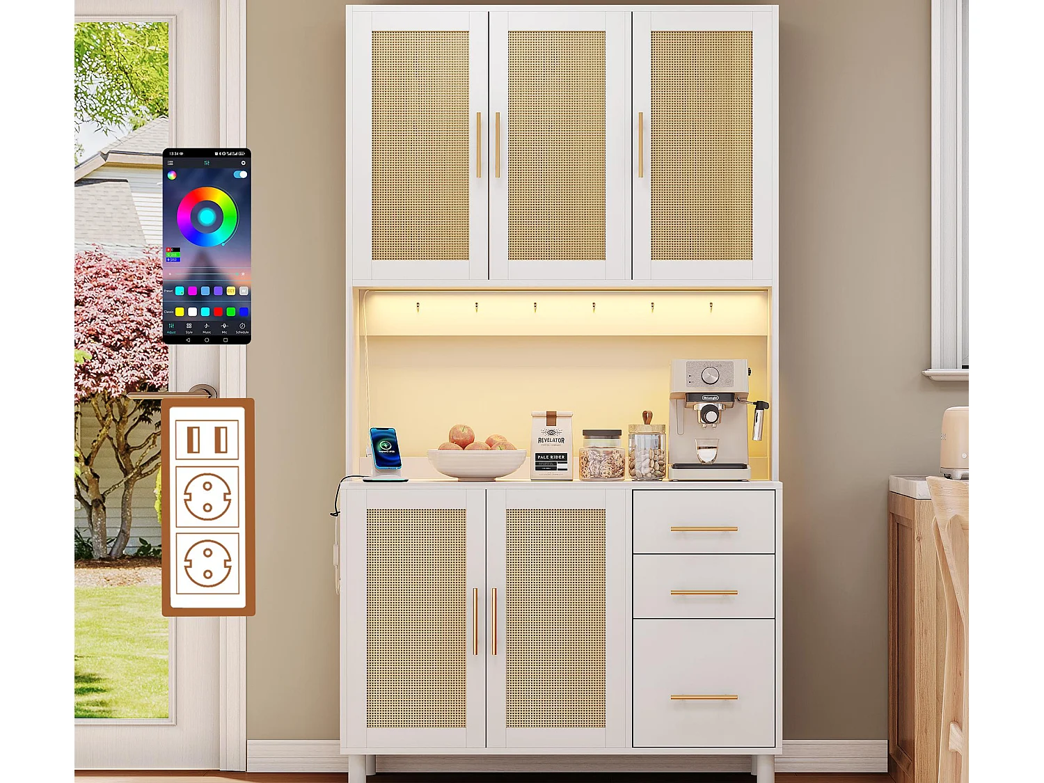 Buffet de cuisine 100x40x183cm - avec USB et prise - avec LED - 5 portes et 3 tiroirs - Blanc+Naturel