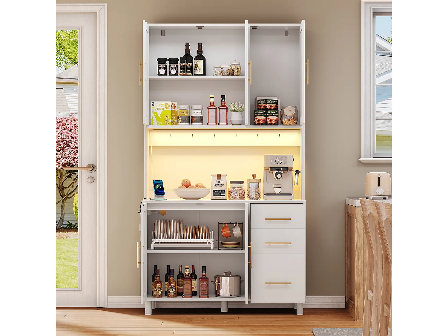 Buffet de cuisine 100x40x183cm - avec USB et prise - avec LED - 5 portes et 3 tiroirs - Blanc+Naturel