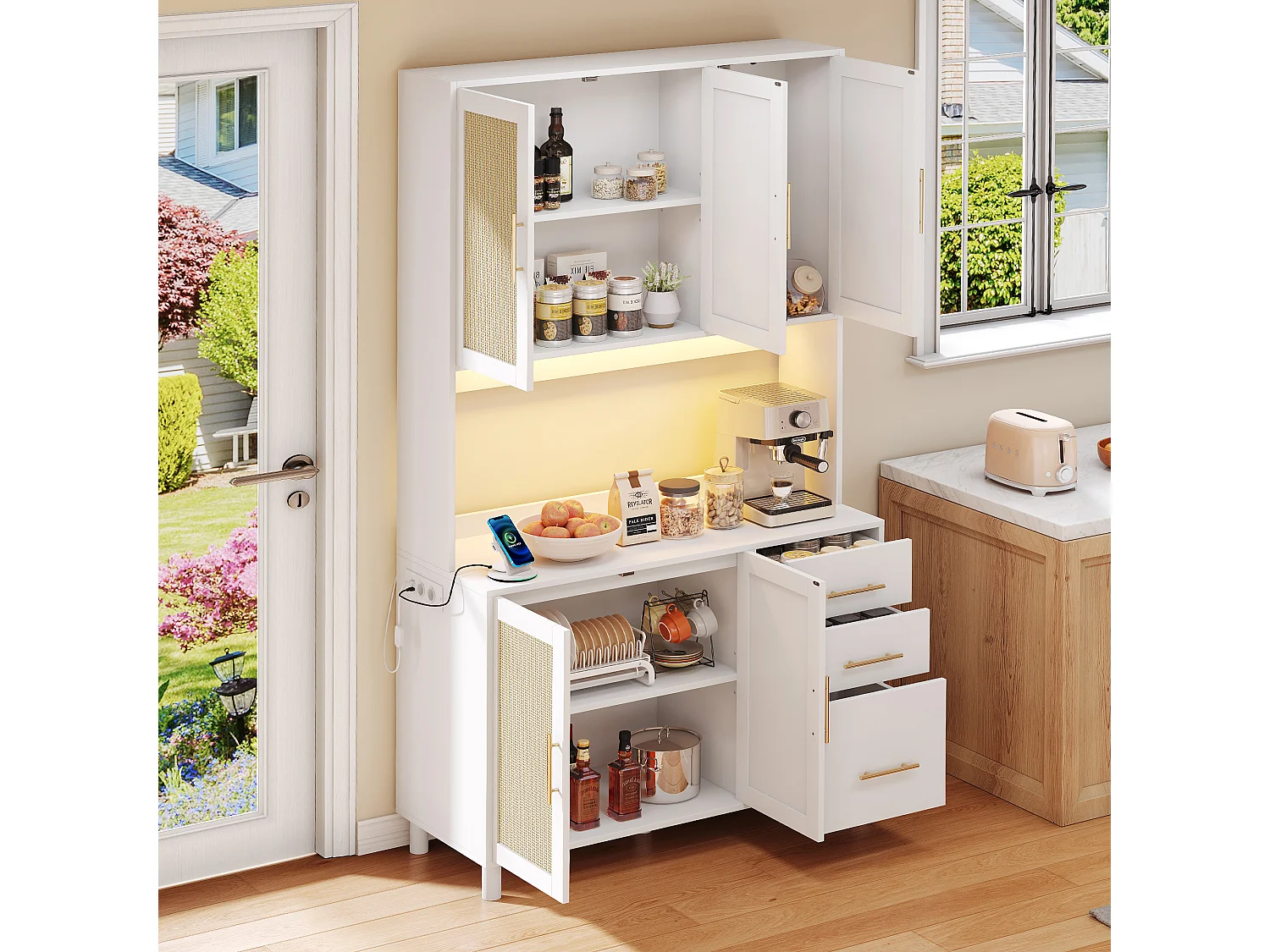 Buffet de cuisine 100x40x183cm - avec USB et prise - avec LED - 5 portes et 3 tiroirs - Blanc+Naturel