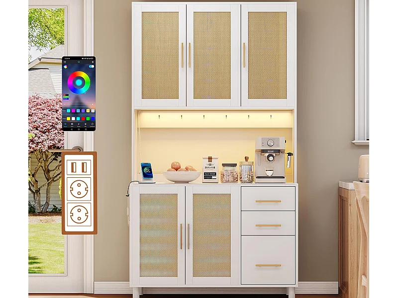 Buffet de cuisine 100x40x183cm - avec USB et prise - avec LED - 5 portes et 3 tiroirs - Blanc+Naturel