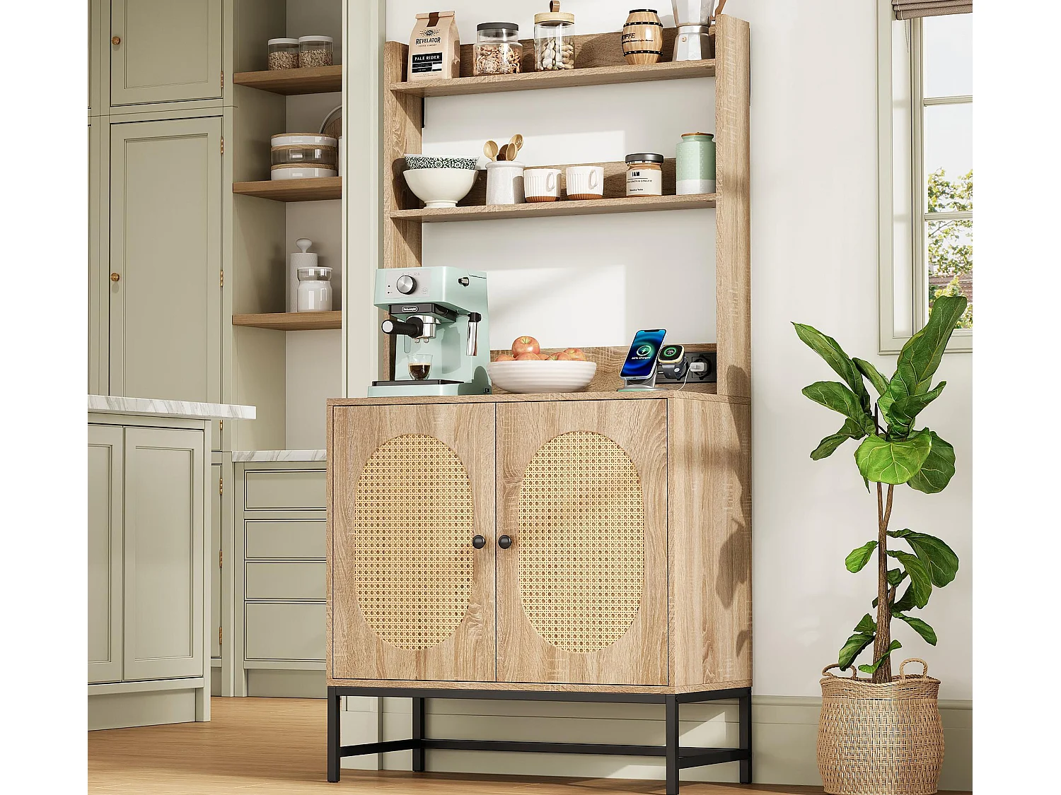 Kredens kuchenny 80×40×160.5 cm - z USB i gniazdkiem - z 2 drzwiami - naturalny