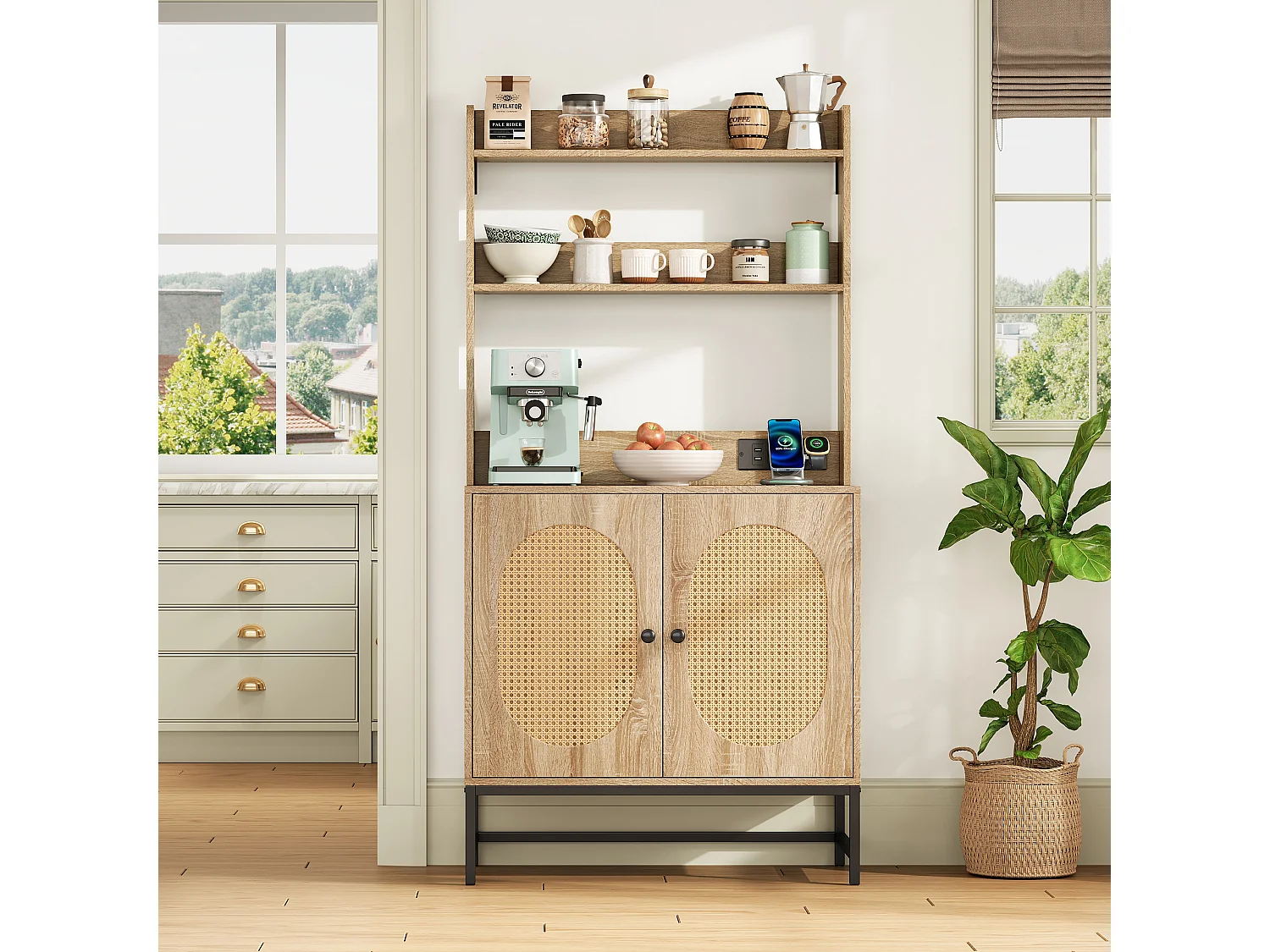 Kredens kuchenny 80×40×160.5 cm - z USB i gniazdkiem - z 2 drzwiami - naturalny