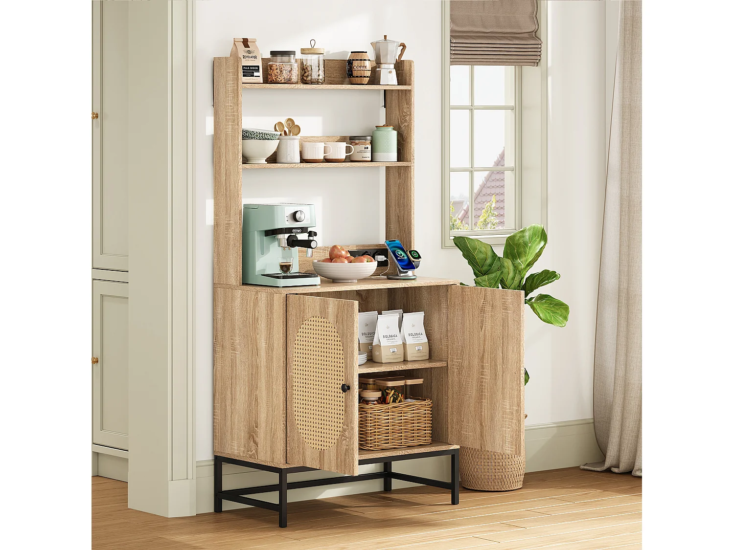 Kredens kuchenny 80×40×160.5 cm - z USB i gniazdkiem - z 2 drzwiami - naturalny