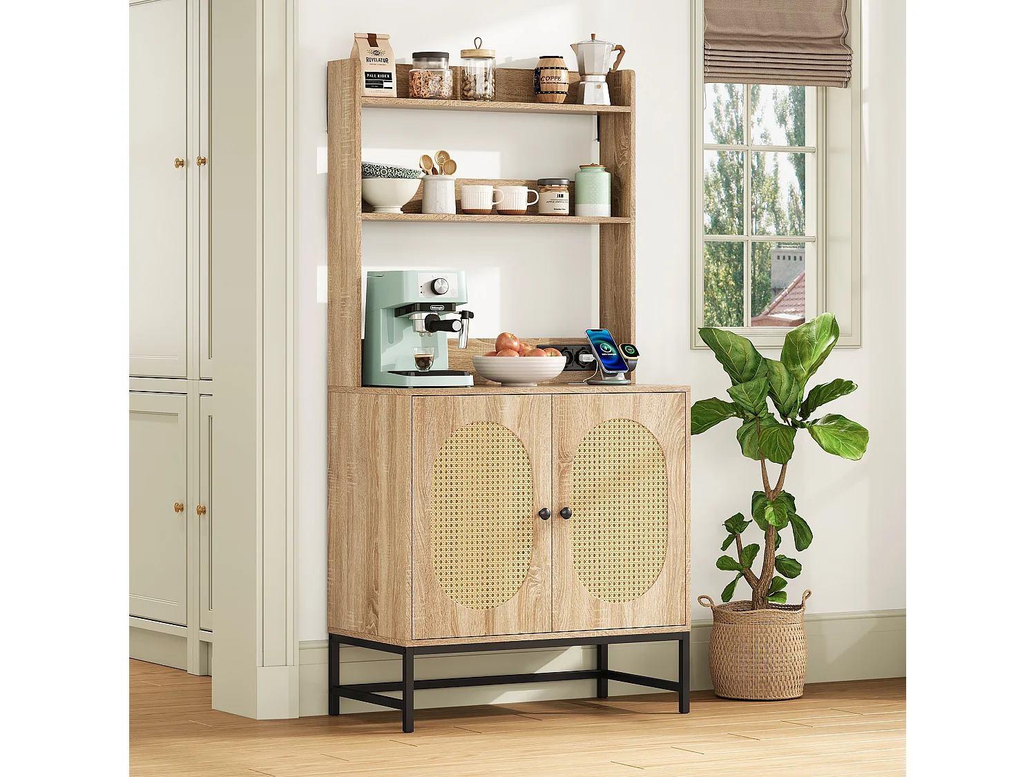 Kredens kuchenny 80×40×160.5 cm - z USB i gniazdkiem - z 2 drzwiami - naturalny