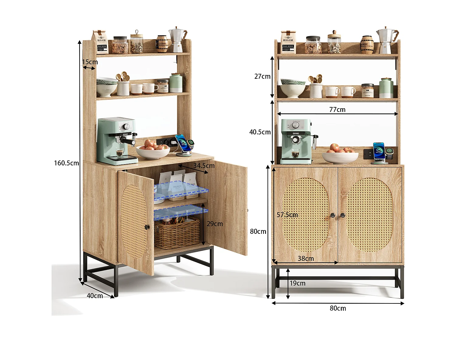 Kredens kuchenny 80×40×160.5 cm - z USB i gniazdkiem - z 2 drzwiami - naturalny