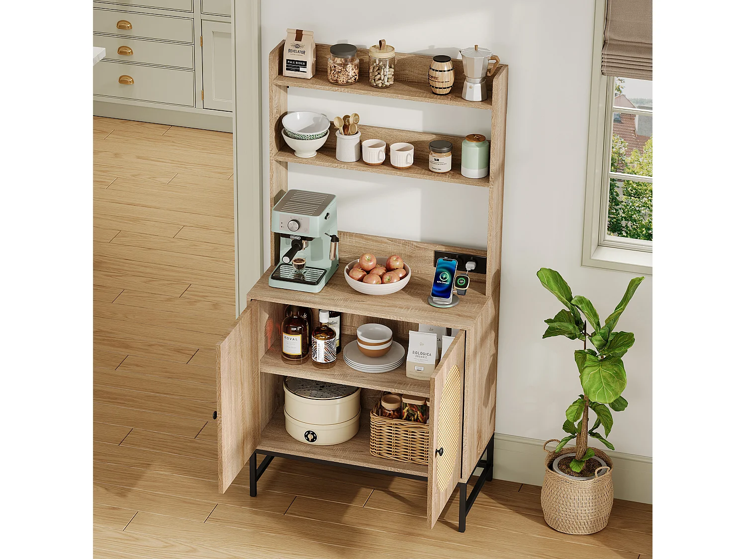 Kredens kuchenny 80×40×160.5 cm - z USB i gniazdkiem - z 2 drzwiami - naturalny