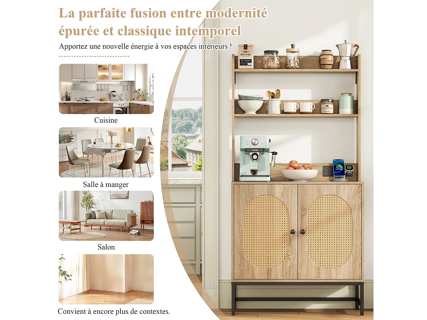 Kredens kuchenny 80×40×160.5 cm - z USB i gniazdkiem - z 2 drzwiami - naturalny