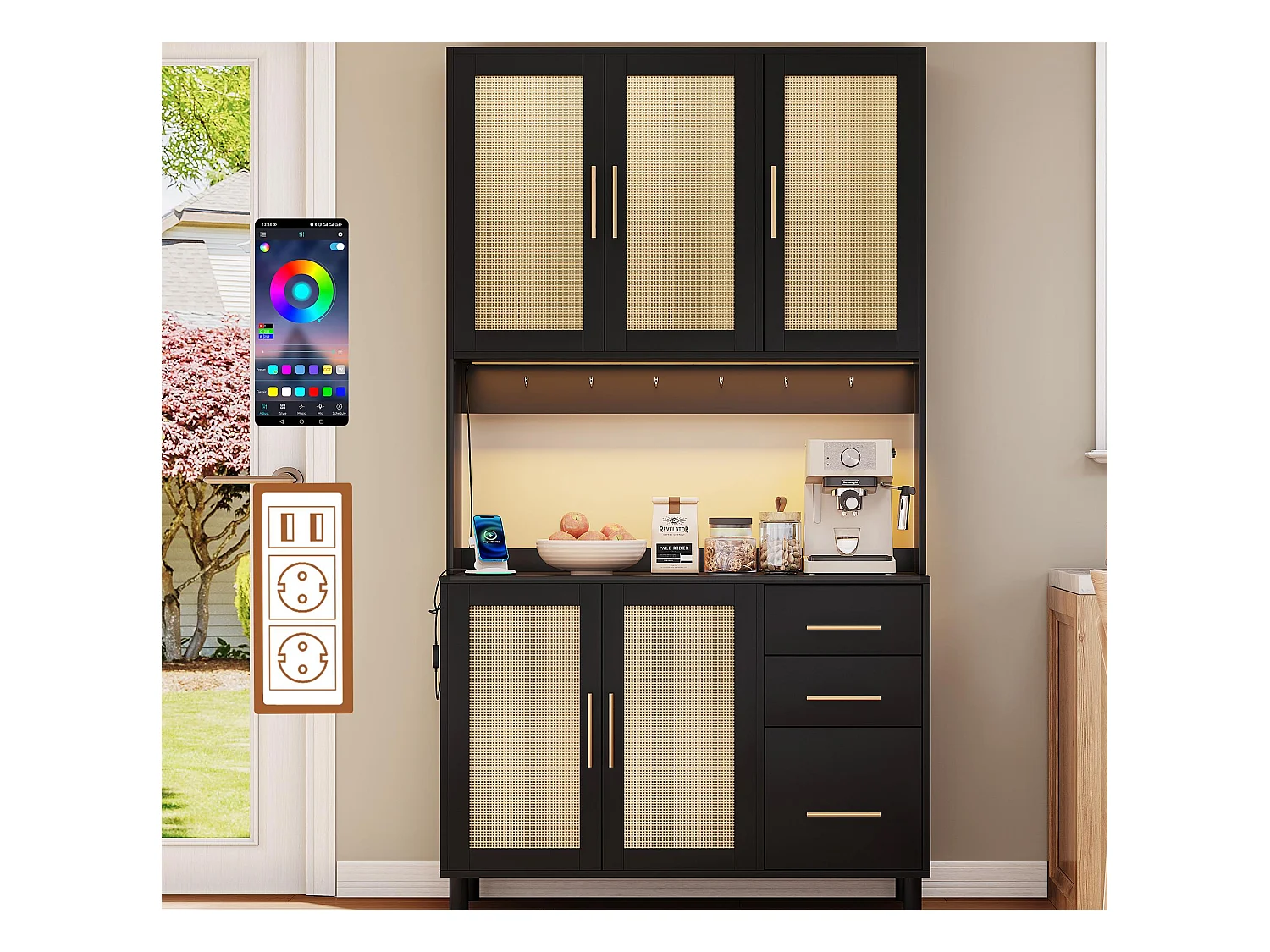 Buffet de cuisine 100x40x183cm - avec USB et prise - avec LED - 5 portes et 3 tiroirs - Noir+Naturel