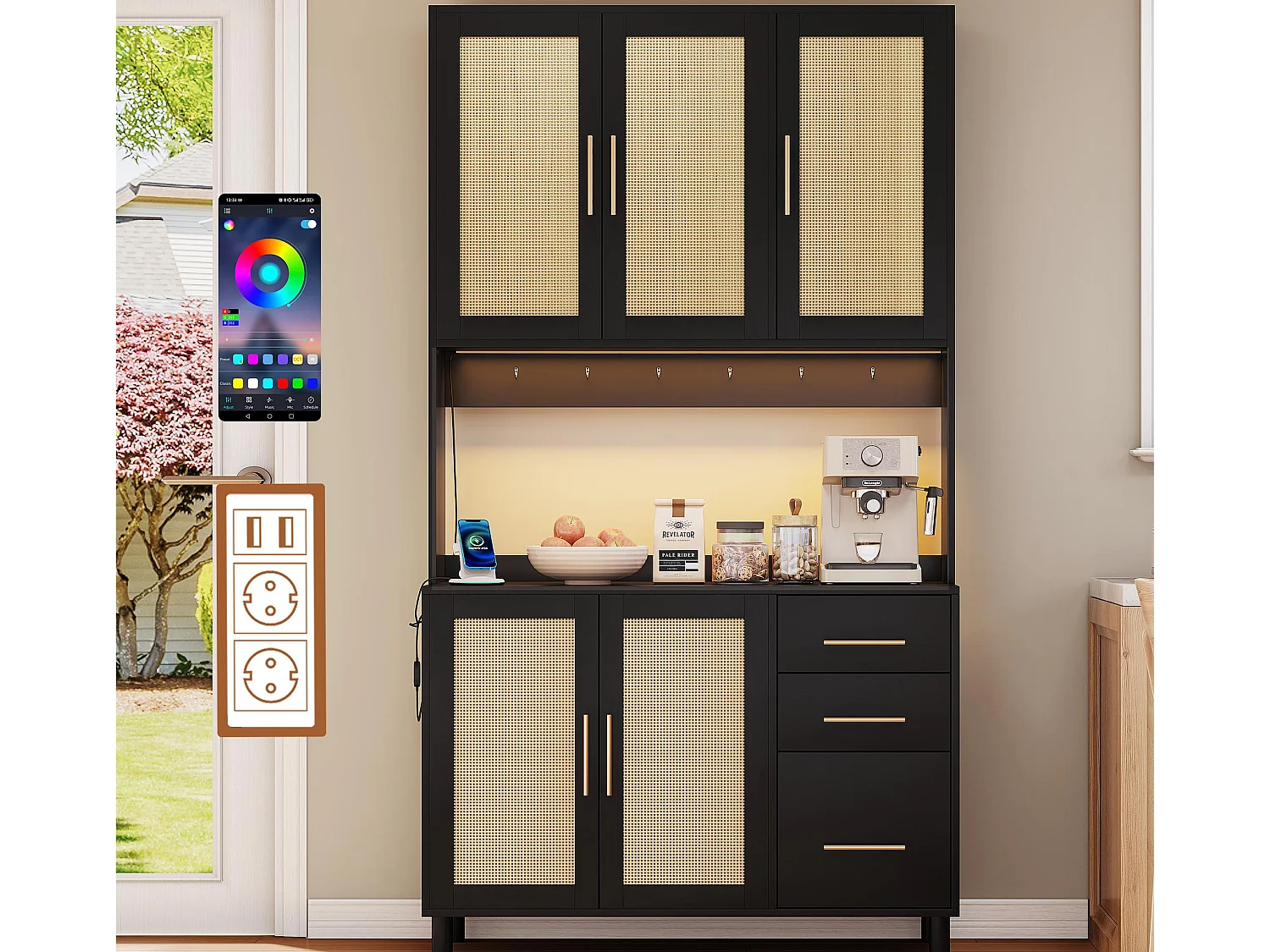 Buffet de cuisine 100x40x183cm - avec USB et prise - avec LED - 5 portes et 3 tiroirs - Noir+Naturel