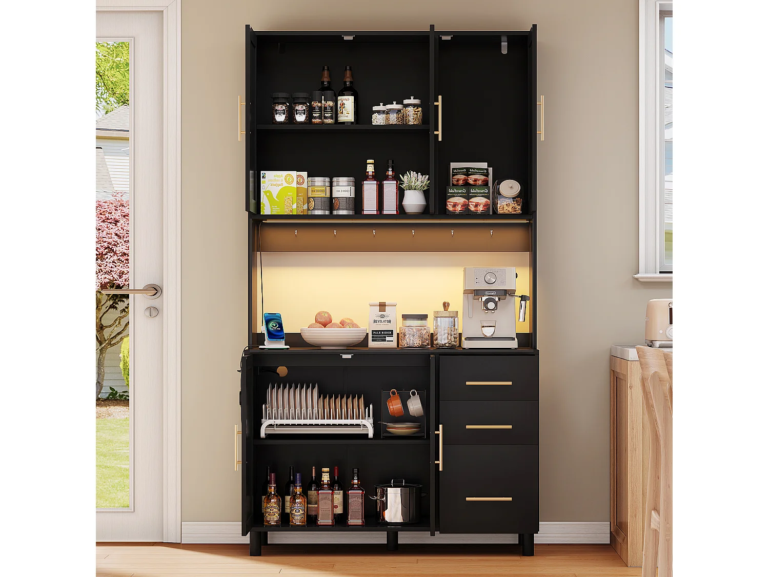 Buffet de cuisine 100x40x183cm - avec USB et prise - avec LED - 5 portes et 3 tiroirs - Noir+Naturel