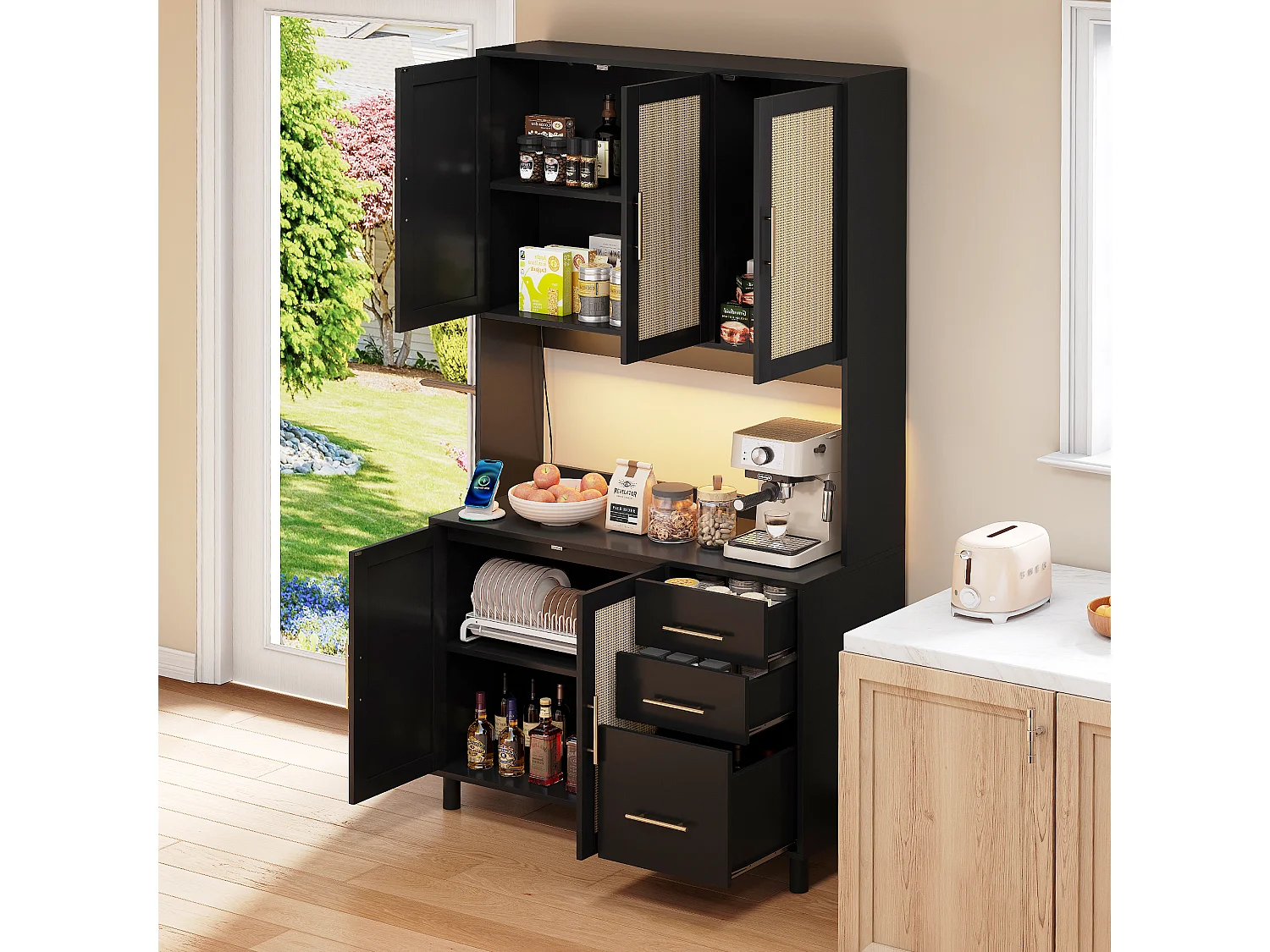 Buffet de cuisine 100x40x183cm - avec USB et prise - avec LED - 5 portes et 3 tiroirs - Noir+Naturel