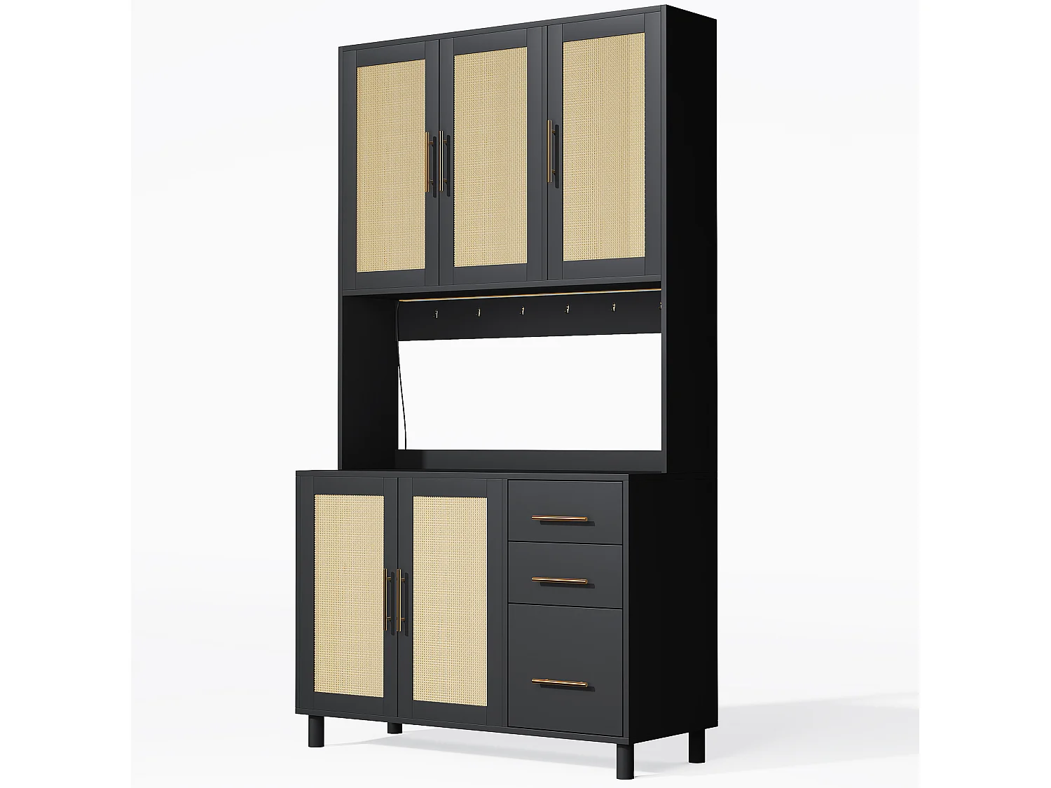 Buffet de cuisine 100x40x183cm - avec USB et prise - avec LED - 5 portes et 3 tiroirs - Noir+Naturel