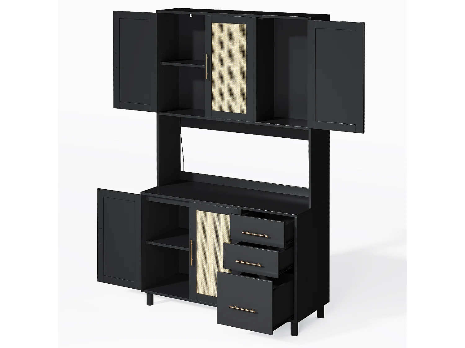 Buffet de cuisine 100x40x183cm - avec USB et prise - avec LED - 5 portes et 3 tiroirs - Noir+Naturel