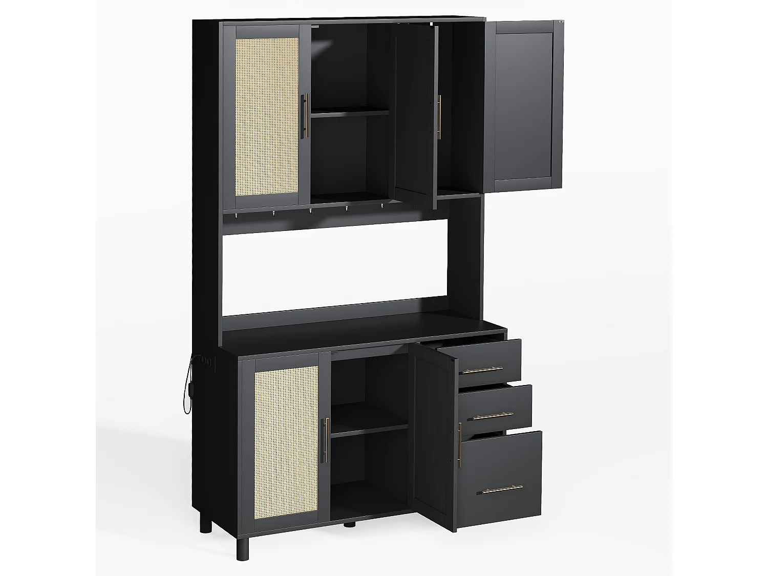 Buffet de cuisine 100x40x183cm - avec USB et prise - avec LED - 5 portes et 3 tiroirs - Noir+Naturel