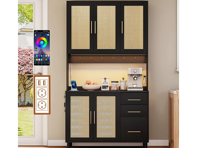 Keukenbuffet 100×40×183 cm - met USB en stopcontact - met LED-verlichting - 5 deuren en 3 laden - zwart+naturel