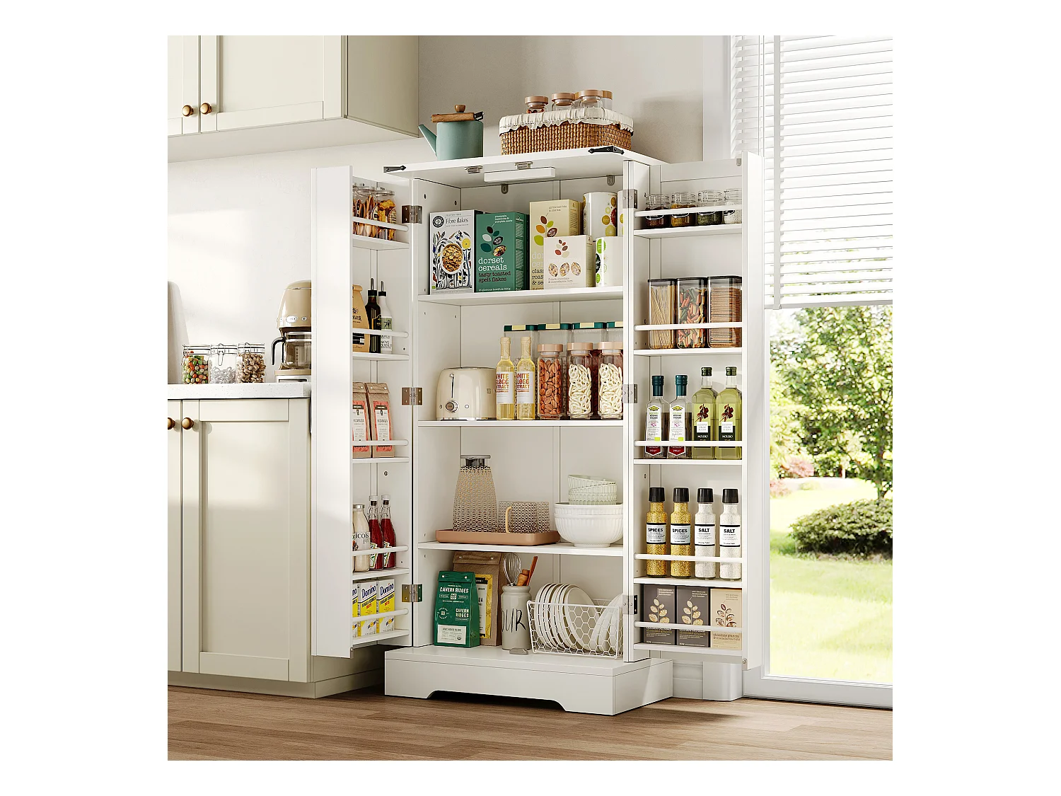 Buffet de cuisine 60x35x128.5cm - avec LED - 2 portes avec étagères - Blanc